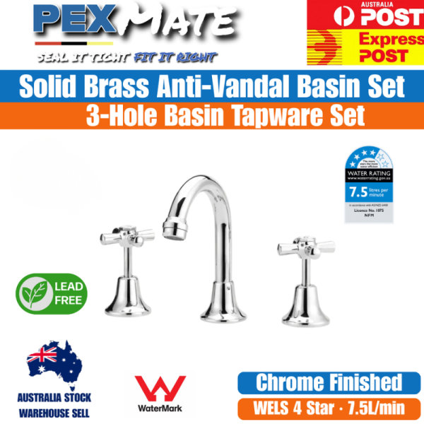 Basin Tap Set Chrome | WaterMark | Lead Free | Jumper Valve | 3 Piece - Image 2