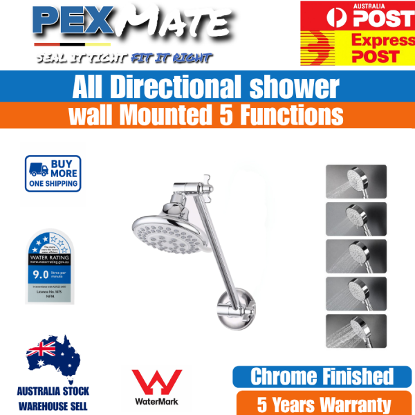 Shower Arm and Rose Chrome 5 Function WaterMark WELS 3 Star 9L/min - Image 2