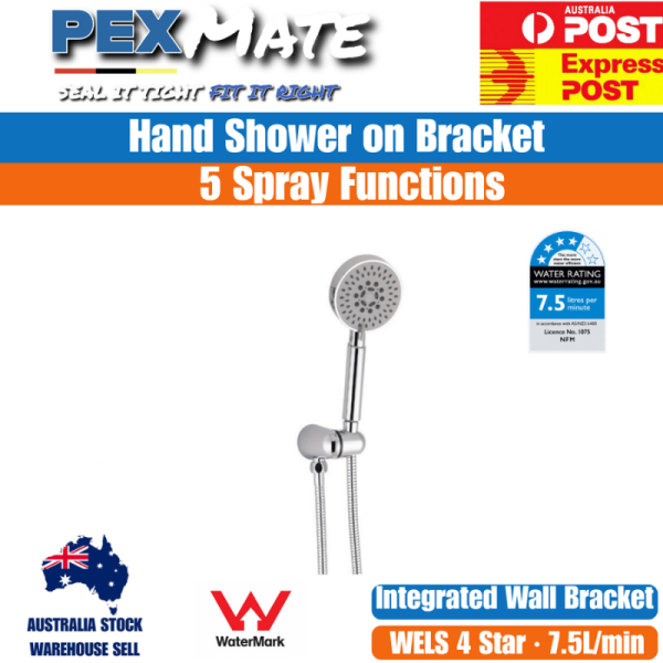 Hand Shower on Bracket Chrome 5 Function WaterMark WELS 4 Star 7.5L/min - Image 2