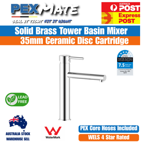 Bellino Tower Basin Mixer Tap Straight Outlet WELS 4 Star WaterMark Lead Free - Image 2