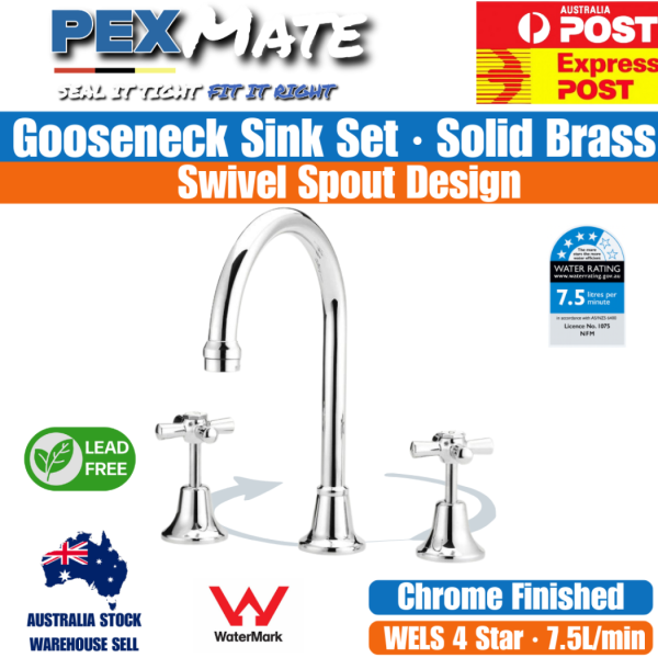 Gooseneck Sink Set Chrome | WaterMark | Lead Free | Jumper Valve | 3 Piece - Image 2