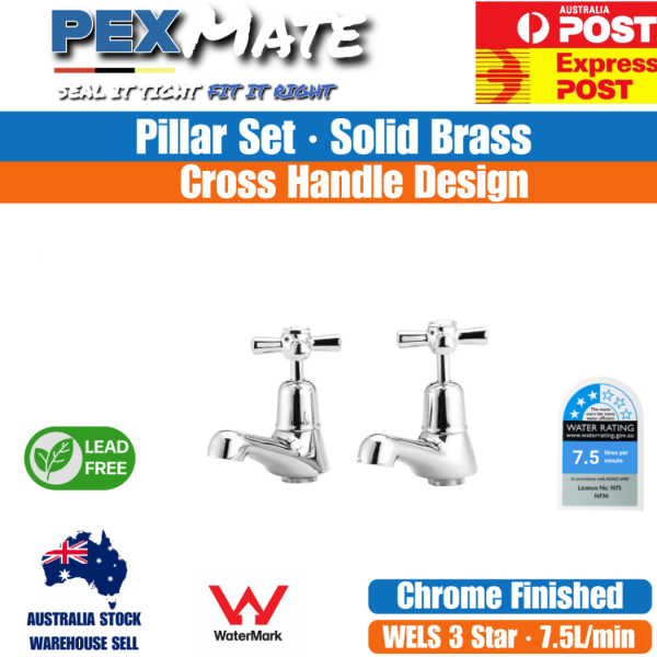 LF EVA Pillar Tap Set Chrome WELS 3 Star WaterMark Lead Free - Image 2
