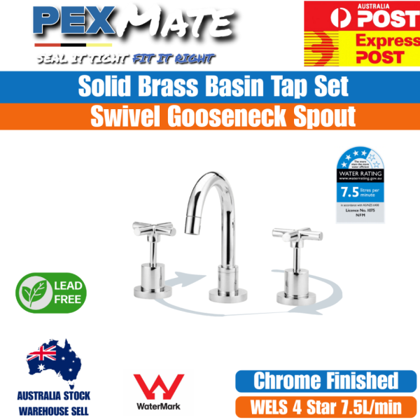 BELLINO CHROME BASIN TAP SET JUMPER VALVE LEAD FREE WATERMARK - Image 2