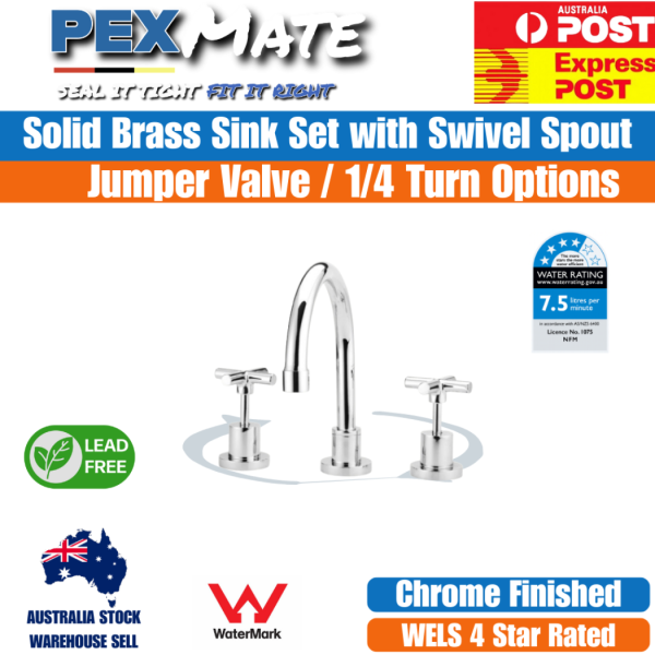 3 Piece Sink Set Jumper Valve Chrome WaterMark Lead Free Kitchen Tap - Image 2