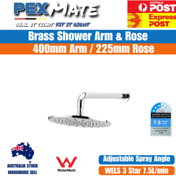 Wall Shower Arm and Rose 400mm | 225mm Shower Head | WaterMark | WELS 3 Star - Image 2