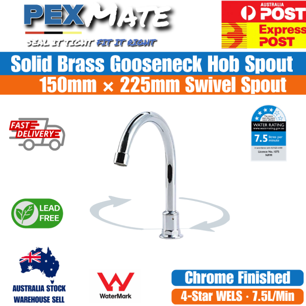 Gooseneck Hob Sink Spout 150mm x 225mm Swivel Chrome | WaterMark | Lead Free - Image 2