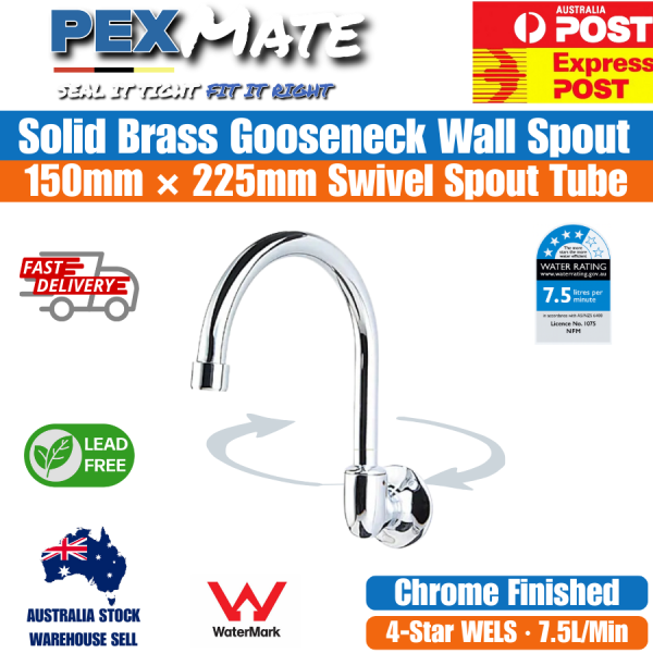 Gooseneck Wall Sink Spout 150mm x 225mm Swivel Chrome | WaterMark | Lead Free | WELS 4 Star - Image 2