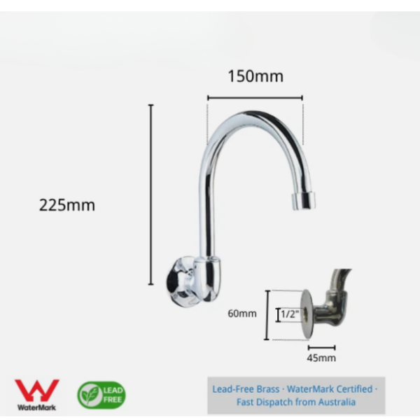 Gooseneck Wall Sink Spout 150mm x 225mm Swivel Chrome | WaterMark | Lead Free | WELS 4 Star - Image 3