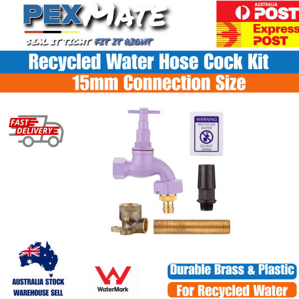 15mm Recycled Water Hose Cock Set (1/2" FI) Lilac WaterMark (With 15BP + Test Cap) - Image 2