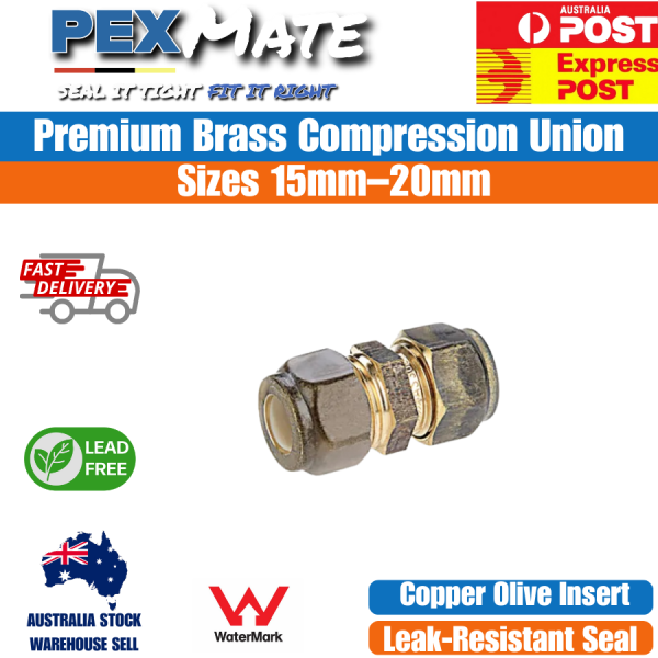 Compression Union 15mm x 15mm (1/2" C x 1/2" C) WaterMark Lead Free Brass Copper Olive - Image 2