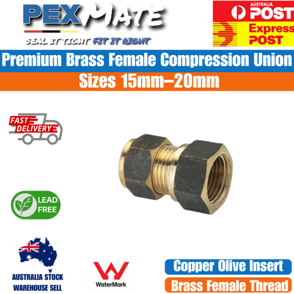 Female Compression Union 15mm x 15mm (1/2" C x 1/2" FI) WaterMark Lead Free Brass Copper Olive - Image 2