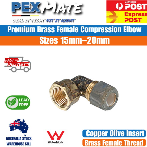 Female Compression Elbow 15mm x 15mm FI (1/2" C x 1/2" FI) WaterMark Lead Free Brass Copper Olive - Image 2