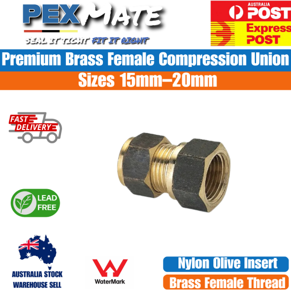 Reducing Female Compression Union 20mm x 15mm (3/4" C x 1/2" FI) WaterMark Lead Free Brass Nylon Olive - Image 2