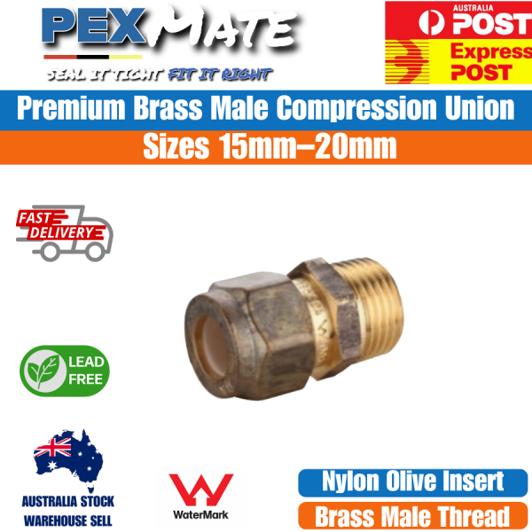 Reducing Male Compression Union 20mm x 15mm (3/4" C x 1/2" MI) WaterMark Lead Free Brass - Image 2
