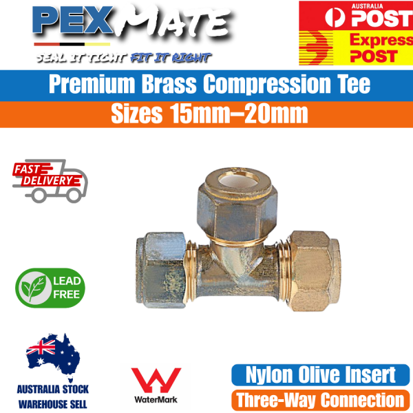 15mm x 15mm x 15mm Compression Tee (1/2" C x 1/2" C x 1/2" C) WaterMark Lead Free Brass - Image 2