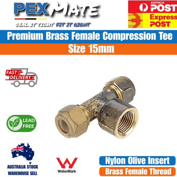 LF 15mm Compression Tee Female WaterMark Lead Free Brass (1/2" C x 1/2" C x 1/2" FI) - Image 2