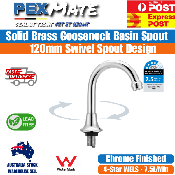 Chrome Gooseneck Basin Spout Swivel 120mm – WaterMark Lead Free WELS 4 Star - Image 2